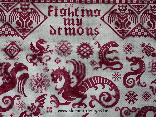 afbeelding van de rode kruissteek merklap Ref 055 Fighting My Demons Sampler van CloRaMi Designs