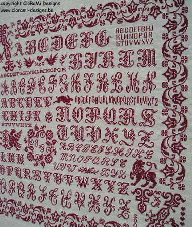 picture of the red cross stitch sampler Ref 040 A to Z Sampler