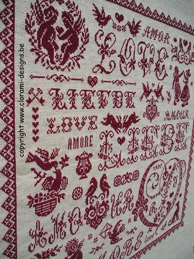 picture of the red cross-stitch sampler Ref 031 Valentine Sampler