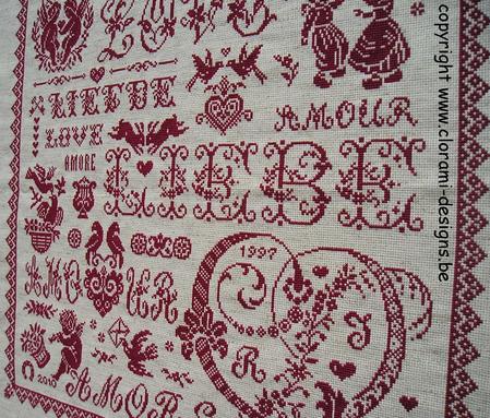 picture of the red crossstitch sampler Ref 031 Valentine Sampler